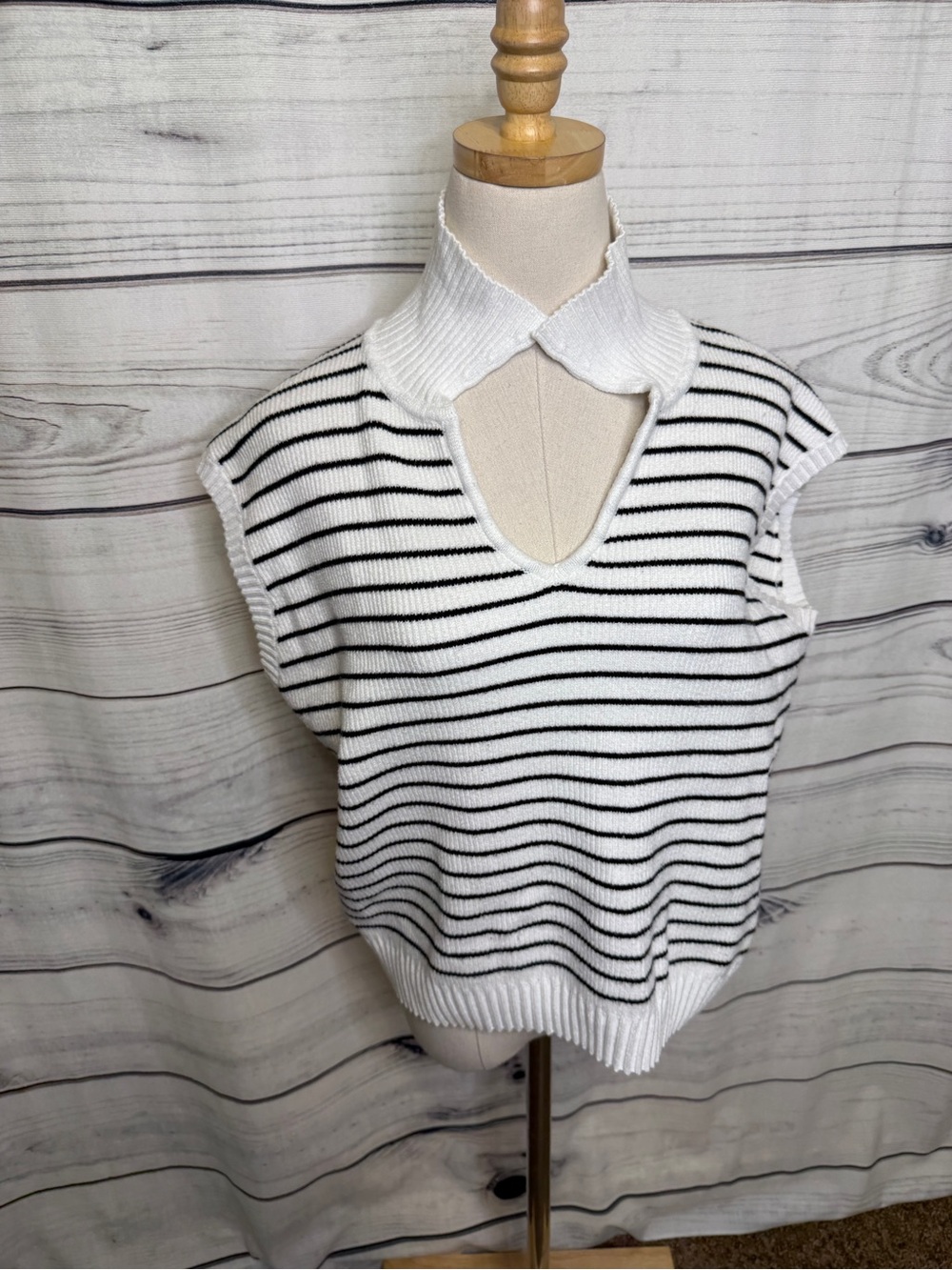 Sleeveless V-Neck Striped Knit Sweater Vest in White & Black